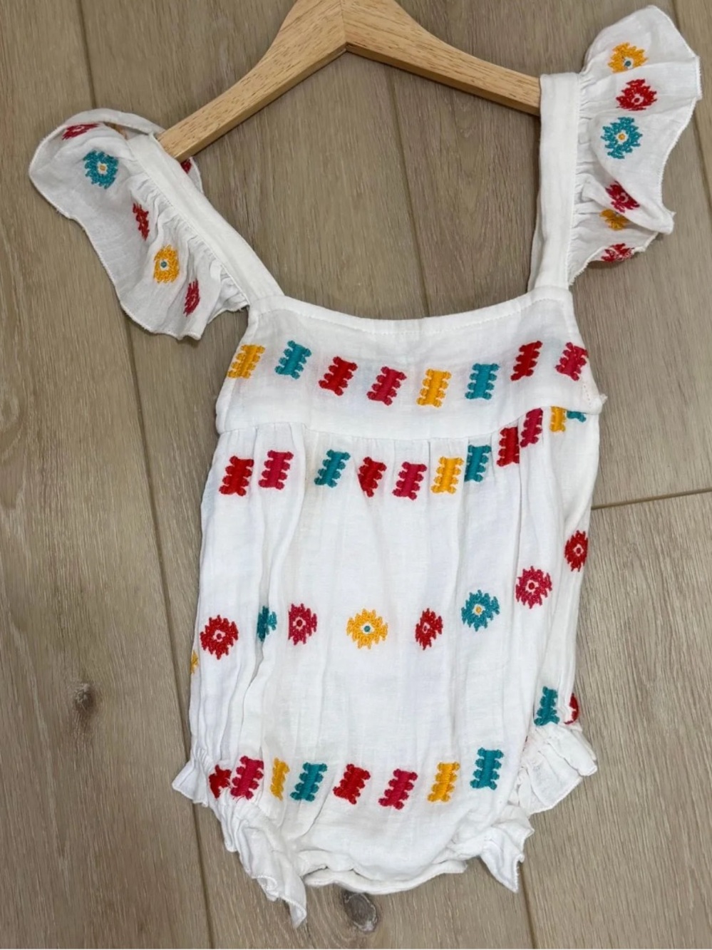 White Embroidered Ruffle-Strap Baby One-Piece